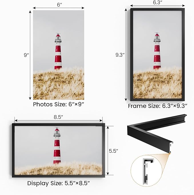6x9 Aluminum Metal Picture Frame,Tempered Glass Black Photo Frame 6x9 for Family Photo,Posters,Art,Document to Wall Mount Horizontally or Vertically
