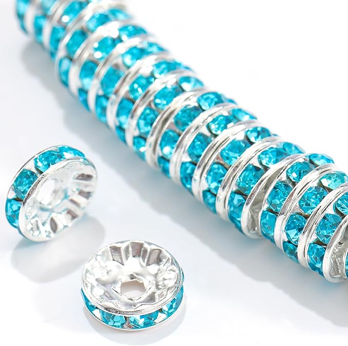 100Pcs Rondelle Spacer Beads Round Crystal Charms Czech Rhinestone Silver Plated Spacer Loose Beads for DIY Bracelet Necklace Jewelry Making Supplies (4MM, Aquamarine)