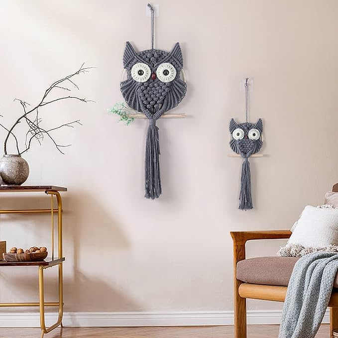 MVSUTA Owl Grey Cotton Handmade Macrame Wall Hanging Tapestry Home Decor Art and Gray Craft Wonderful Decoration Woven Boho Ornament for Office Bedroom Apartment Living Nursery Gallery,2pcs set:1pc L