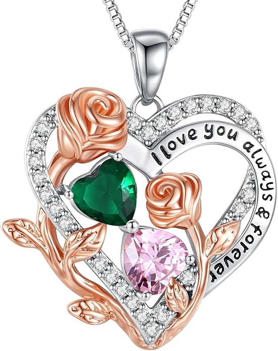 I Love You Birthstone Necklace, 925 Sterling Silver Heart Pendant with CZ Diamond Stones, Birthday Gifts for Women, Romantic Gift for Wife, Girlfriend, Her, Anniversary, Valentine's Day, Christmas