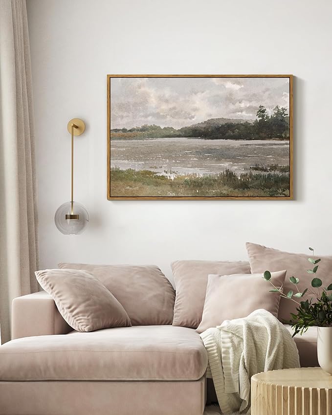 VIYYIEA Vintage Nature Large Framed Wall Art, Lakeside Landscape Paintings Art Decor Aesthetic, Canvas Print Artwork, Retro Scenery Wall Pictures for Bedroom Bathroom Office 24X36 Inch