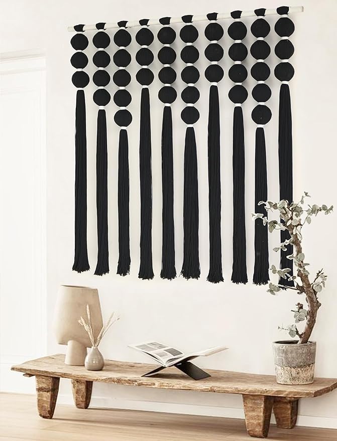 IOWER Large Macrame Wall Hanging Black Macrame Wall Decor Sphericity Cotton Textile Wall Hanging Boho Wall Decor Art Fiber Yarn Art Handmade 39" Wx39 L
