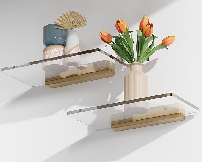 Acrylic Floating Shelves with Solid Wood Base, Wall Mounted Shelf for Plants, Perfume, Nail Polish, Bathroom, Bedroom & Living Room Décor