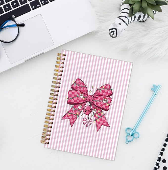 Coquette Pink Plaid Bow Christmas Spiral Notebook, Preppy Christmas Journal for School Office Supplies, Girly Xmas Pink Aesthetic Holiday Hardcover Journal 5.5x8.3 Inch