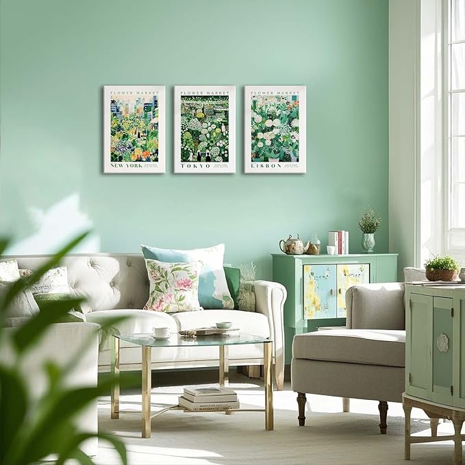 XLARTMY Flower Market Wall Art Prints Canvas Green Yellow White Floral Paintings Colorful Botanical Travel Flower Posters for Home Decor Pictures Set of 3 for Living Room Bedroom 12x16in