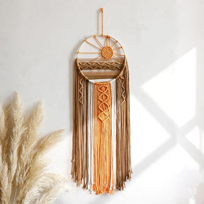 Artilady Macrame Sun Wall Decor Sunset Hanging Tapestry Wall Art Boho Woven Tapestries Large Dream Catcher, Rustic Orange Brown Home Decorations for Bedroom Living Room Nursery