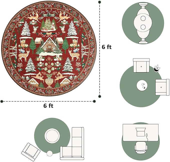 jinchan Round Christmas Rug for Living Room 6ft Maroon Circle Holiday Rug for Bedroom Printed Christmas Tree and Cabin 6' Winter Xmas Decor Washable Indoor Carpet for Dining Room Foyer Non-Slip