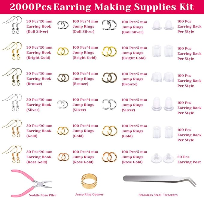 Earrings Hooks for Jewelry Making, Anezus 2000Pcs Earring Making Supplies Kit with Fish Hook Earrings, Earring Cards, Jewelry Plier, Earring Backs and Jump Ring for Jewelry Making and Earring Repair