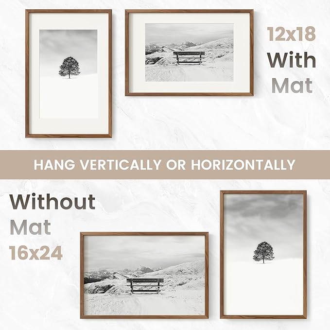 16x24 Poster Frame, USA-Sourced Natural Walnut Wood Picture Collage Frame with HD Tempered Glass, Modern Simple 16 x 24 Wooden Photo Frame Matted to 12x18, Vertical & Horizontal Wall Hanging Display