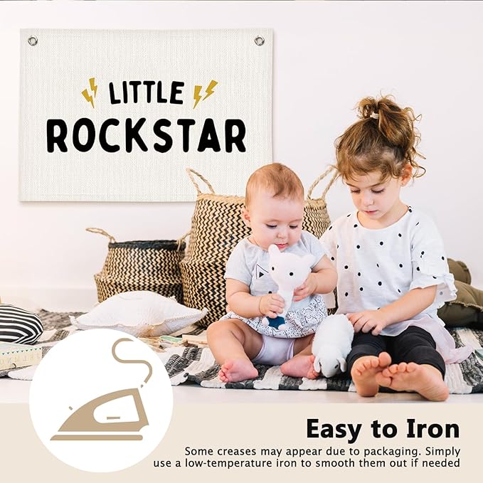 Little Rockstar Boys Room Decor - Linen Banner Wall Hanging Canvas Banner Flag Decor for Kids Toddler Bedroom Nursery Playroom