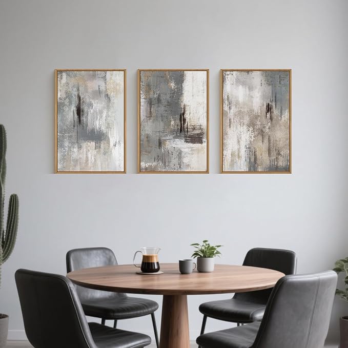 Large Abstract Grey and Beige Framed Canvas Wall Art,Neutral Brush Stroke Wall Decor,Natural Modern Color Block Artwork,Minimalist Nordic Art Print for Living Room,Bedroom,Office- 16"x24"x3