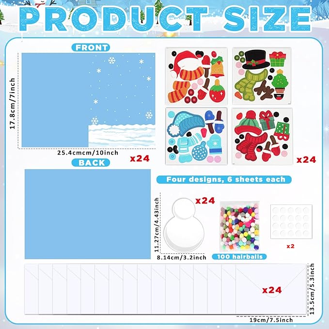 24 Sets Christmas Winter Card Making Craft Kit for Kids with Envelopes DIY 3D Snowman Cards Crafts Make Your Own Greeting Card Making Supplies for Holiday Xmas Party Home Classroom Decor Activities