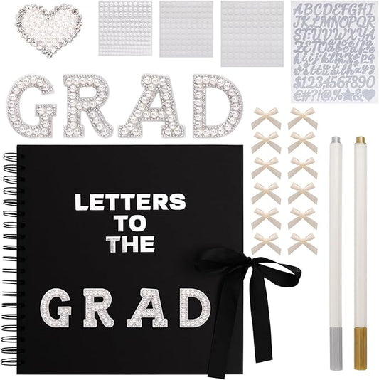 BINBE 10 x 10 Inch Letters to The Grad Scrapbook School Memory Book DIY Blank Paper Scrapbook Photo Album Book Sign with Pearl Stickers, Metallic Letters, Bows Black