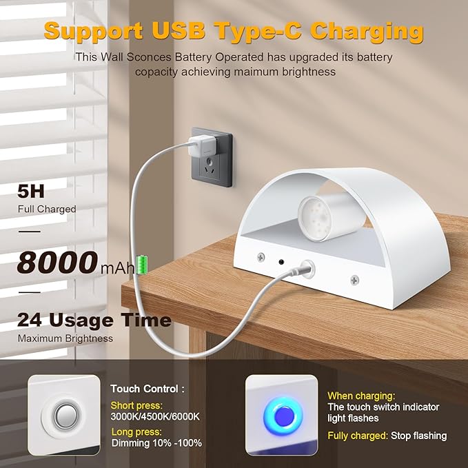 Battery Operated Wall Sconces Set of 2, White Rechargeable Wireless Remote & Touch Control Battery Wall Lights, 3 Color Temperatures, Timer Cordless Dimmable Light for Bedroom, Living Room, Hallway