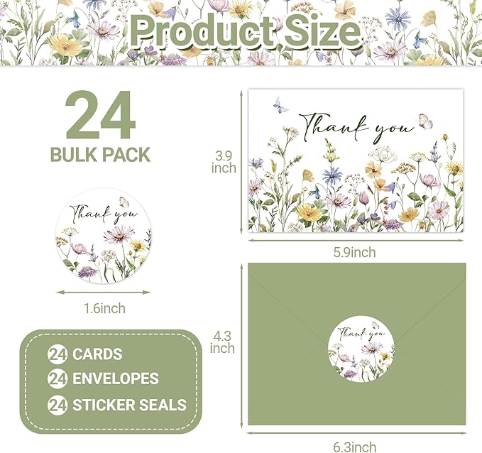 24 Pack Floral Thank You Cards With Envelopes,Watercolor Wildflower Thank You Cards for Baby Shower,Thanksgiving,Teachers,Birthday Greeting Cards