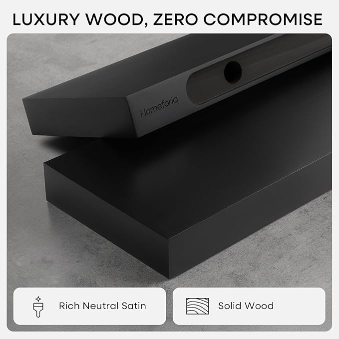 Homeforia 16 inch Black Floating Shelves, High End Solid Real Wood 16inch Bathroom Floating Shelves for Wall Mounted, 16in Wooden Small Floating Shelf, Heavy Duty Bracket, 16 X 6.5 X 1.75 in, Set of 3