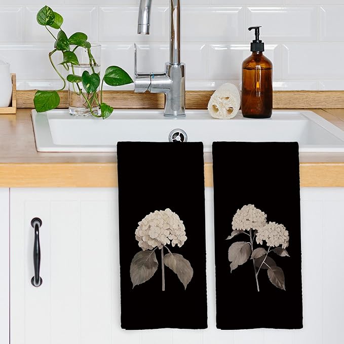 Vintage Hydrangea Floral Kitchen Dish Towels, Hydrangea Gifts for Women, Dark Cottagecore Flower Hand Towels Kitchen Tea Towels Decorations, 16x24inch Set of 2