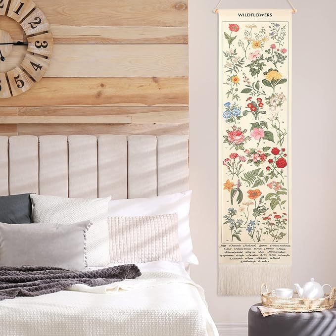 Geetery Vintage Floral Vertical Tapestry Wall Hanging Long Narrow Wall Fabric Flower Hanging Reference Illustrative Botanical Tassel Tapestry for Home Decor Gift(White)