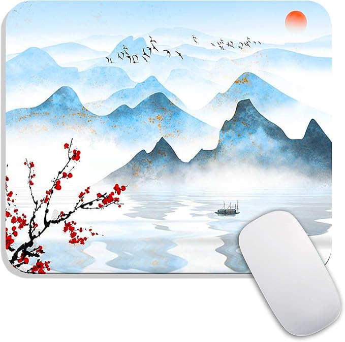 Square Mouse Pad Ink Painting Landscape, Personalized Premium-Textured Custom Mouse Mat Design, Washable Mousepad Cloth, Non-Slip Rubber Base Computer Mouse Pads for Wireless Mouse