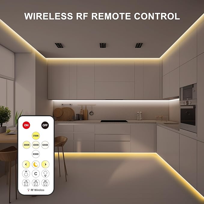 6.56ft Tunable White COB Led Strip Light with RF Remote, CRI93+ Dimmable CCT 2700K-6500K COB Led Tape Lights, Adhesive High Density Led Light Strip for Bedroom, Kitchen, Cabinet