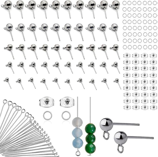 250Pcs No Tarnish Ball Stud for Earring Making, stino Hypoallergenic Stainless Steel Earring Posts, Jewelry Findings Supplies, Silver & Gold Plated (Silver)