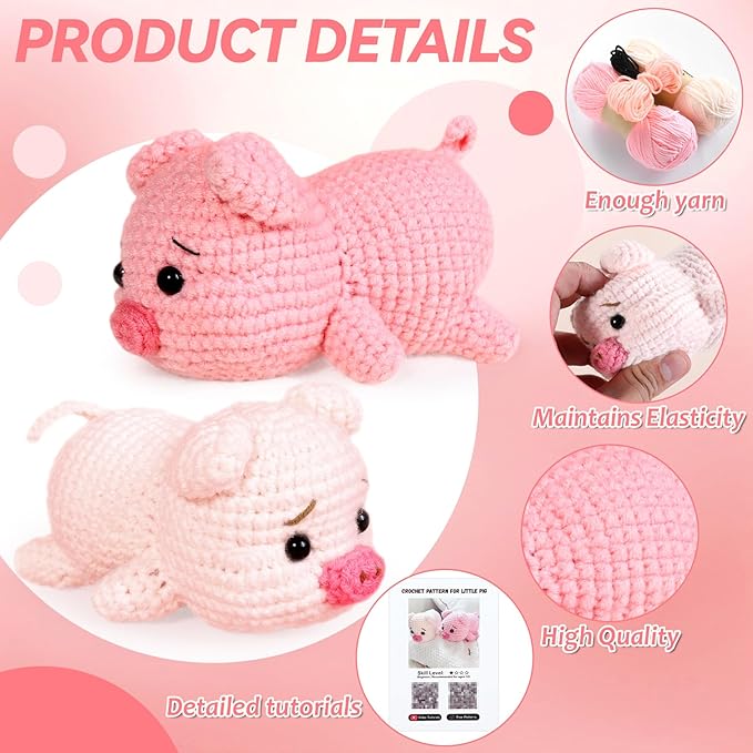 2 Pack Pig Crochet Kit for Beginners with Easy Yarn and Step-by-Step Video Tutorials, Beginner Crochets Kit for Adults, DIY Crochet Animal Kits Art Crafts Knitting Kits Ideal Gifts for Teacher Gifts
