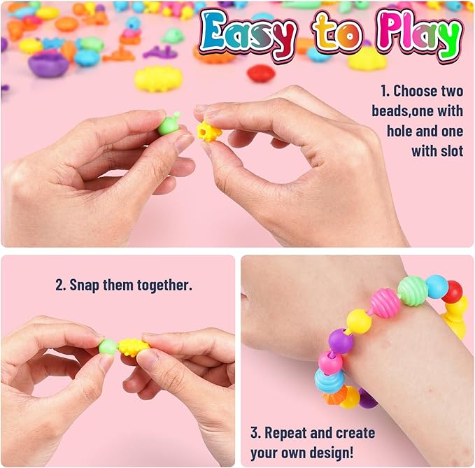 FUNZBO 520+ Snap Pop Beads - Jewelry Making Kit for Kids, Arts and Crafts for Kids Ages 4-8, Toys for 3 4 5 6 Years Old Girls Christmas Birthday Gifts Ideas, Bracelet Necklace Ring Snap Set for Girls