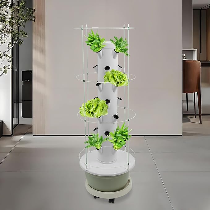 Hydroponic Growing Tower Kit, 7-Tier 28 Plant Hydroponic Indoor Vertical Garden with Climbing Trellis & Timer, Vertical Hydroponics System for Lettuce, Strawberries, Herbs, Vegetables, White