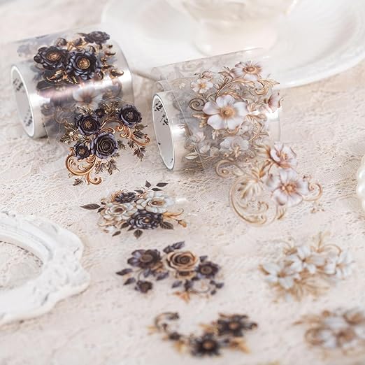 6PCS Baroque Flower PET Tape Set, Vintage Floral Pre-Cut Tapes for Journaling, Scrapbooking, and Junk Journal Ephemera, with Decorative Clip