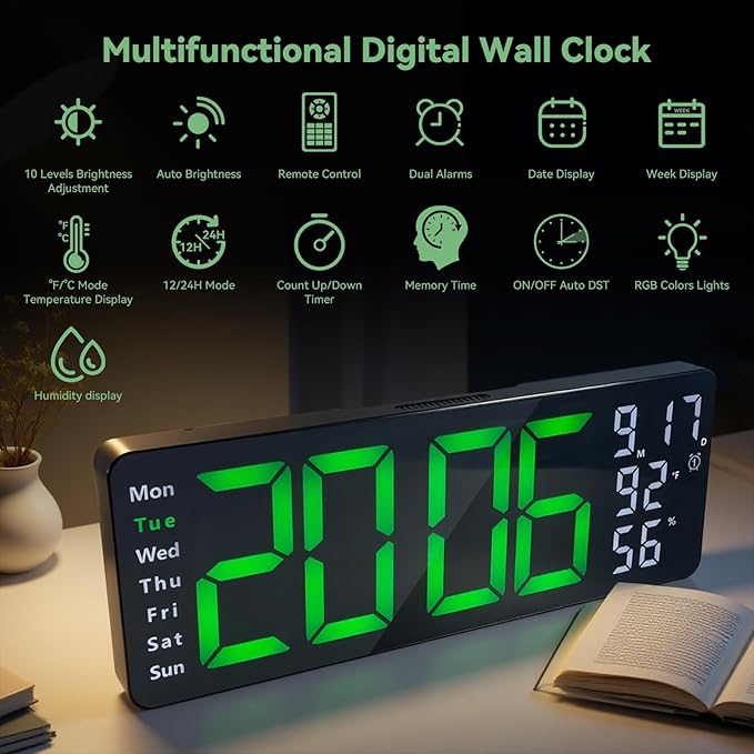 Digital Wall Clock Large Display, 17.3" Digital Clock with RGB Color Remote Control, Auto-Dimming Big Wall Clock with Night Light,Auto DST,Date Week,Temp for Home Decoration, for Elderly (Green)
