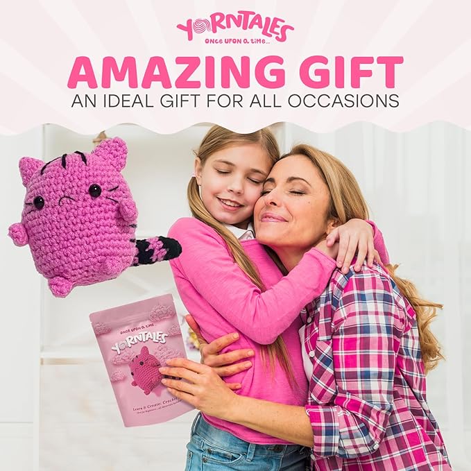 YarnTales DIY Pink Kitten Crochet Kit - Beginner Craft Kit with All Included Supplies & Video Tutorials - Great Christmas, Xmas & Hanukkah Gift or Stocking Stuffer for Teens & Adults
