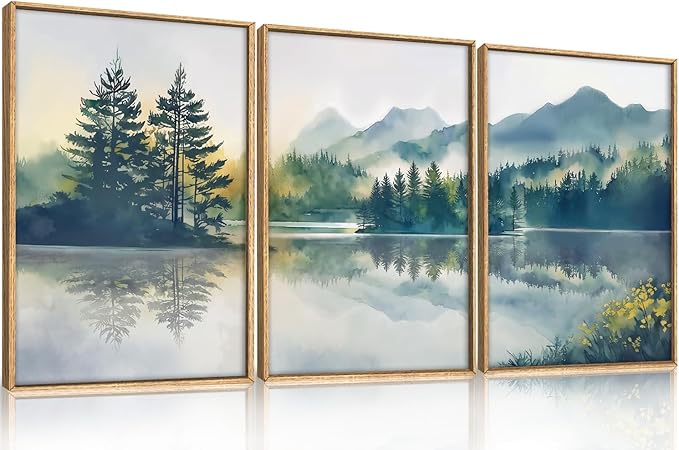 HPNIUB Large Green Mountain Framed Canvas Wall Art Set, Nature Foggy Forest Lake Reflection Wall Decor,Modern Pine Tree Artwork,Watercolor Landscape Art Print for Living Room,Bedroom,Office-24 x36 x3