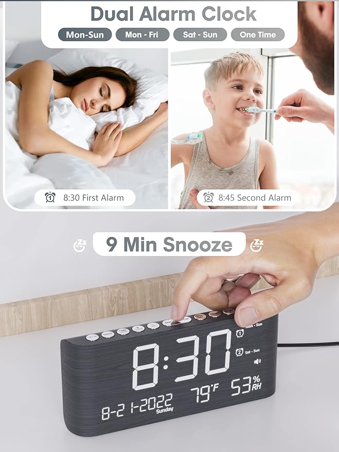 Raynic Alarm Clock, 8.7 Inch Digital Clock, Alarm Clock with USB and Type-C Charger,Dual Alarms,Temperature, Humidity,Date, 5 Adjustable Volume and 5 Dimmer for Bedroom Living Room Office (Grey)