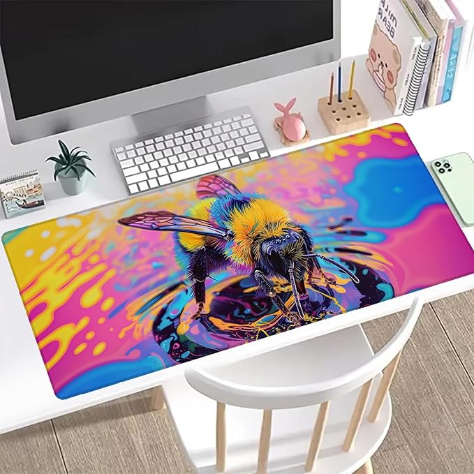 Neon Bee Gaming Mouse Pad, Office Desk Mat, Anti-Slip Rubber Base Cool Aesthetic Mouse Pads for Computer Laptop Keyboard School Home Desktop Gamer Home Accessories Decor 31.5" x 11.8"