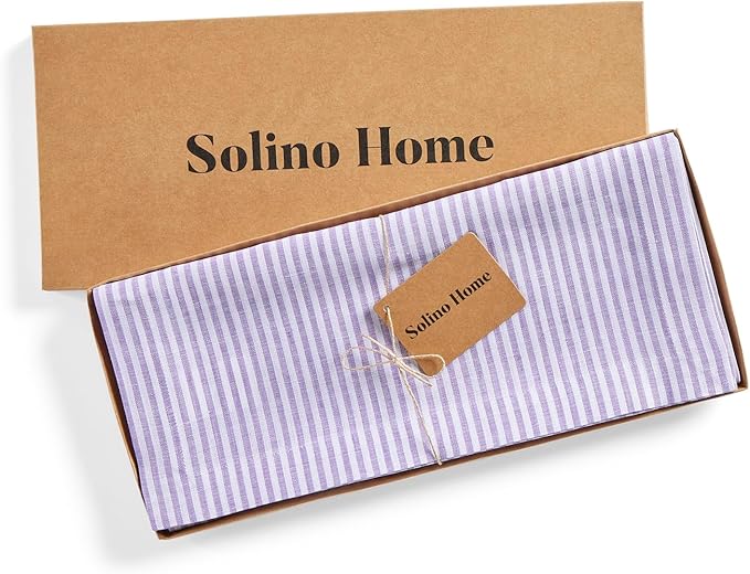 Solino Home Linen Table Runner 36 Inches - Narrow Stripe 100% Pure Linen Lavender and White Farmhouse Table Runner 14 x 36 Inch Ideal for Dresser and Coffee Tables - Valentines, Spring, Easter