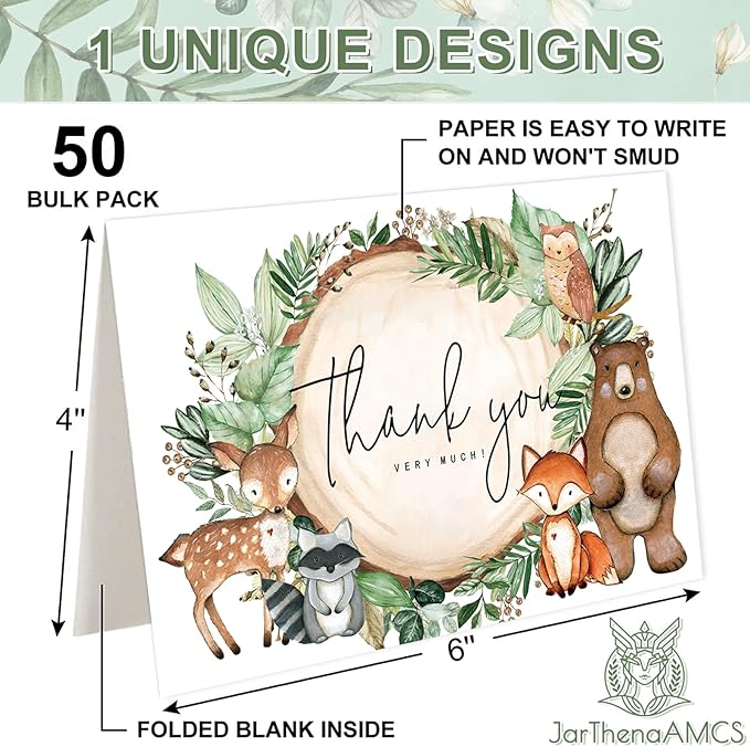 JarThenaAMCS 50 Packs Woodland Thank You Cards Woodland Animal Watercolor Greeting Cards Boxed with Envelopes and Stickers Forest Creature Blank Note Cards for Baby Shower Birthday Party
