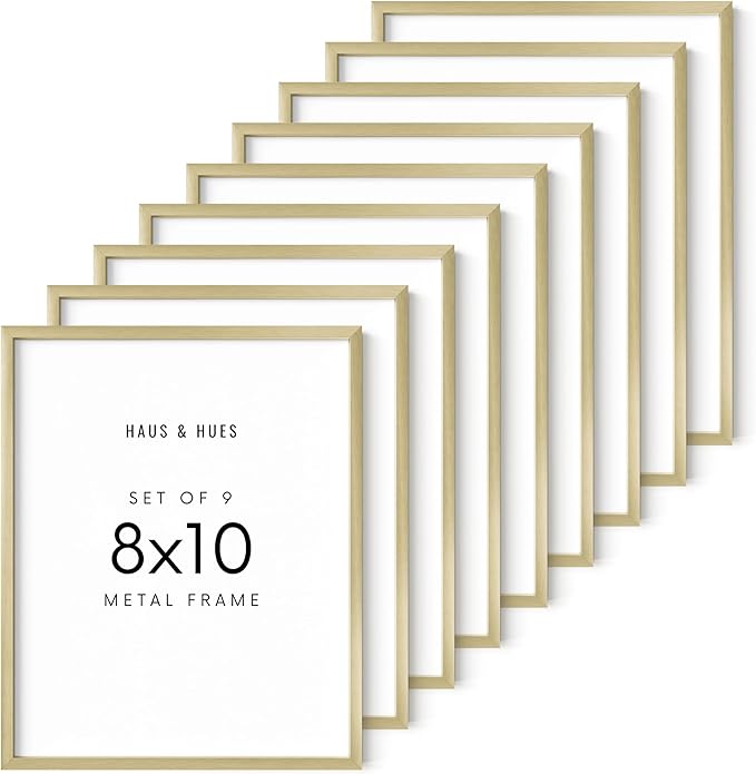 HAUS AND HUES 8x10 Gold Metal Picture Frames - Premium Aluminum with Vertical & Horizontal Hanging, Shatterproof Plexiglass - Ideal for Home, Office (8x10 in, Gold, Set of 9)