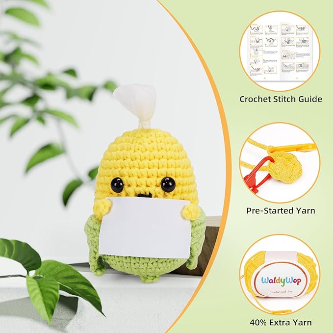 WaldyWop Wobbles Crochet Kit for Beginners: Christmas Gifts for Teen Girls Women w/Positive Card - Craft Kits for Kids & Adults w/Soft Yarn, Step-by-Step Video Tutorials, Corn Crochet Pattern