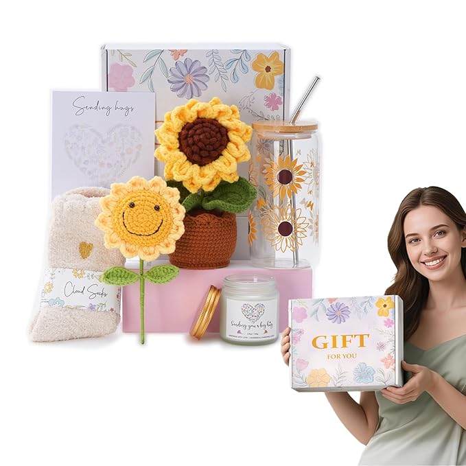 Sunflower Gifts for Women, 7pcs Self Care Get Well Soon Gift Basket – Relaxing Spa Care Package, Thinking of You Birthday Sympathy Gift Box for Mom, Friend, Sister