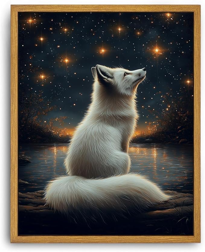 Djmwtb White Fox Framed Wall Art Starry Night Canvas Wall Art Nature Landscape Art Prints Woodland Animal Pictures Painting Wall Decor Artwork for Living Room 8x10in