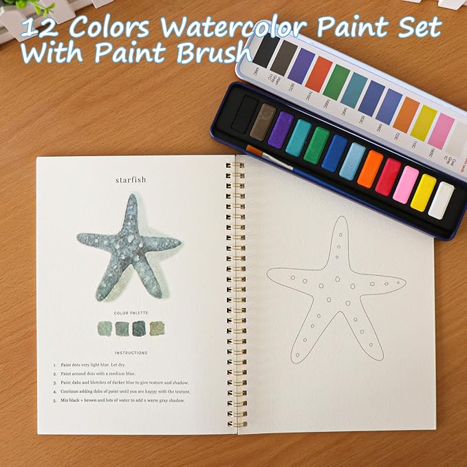 XZGTAND Beginner-Friendly Animals Watercolor Workbooks, 12 Colors Watercolor Paint Set with Paint Brush, Beginner-Friendly Watercolor Painting Kit（Sedside）