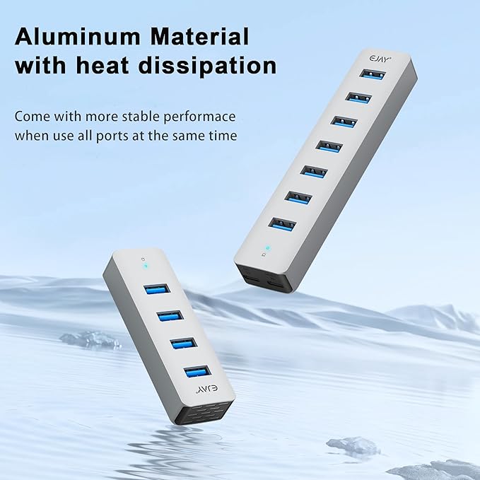 4Ports USB3.0 HUB,Extra Power Supply Port,3.3FT(1M) Long Data Cable and 3.3FT(1M) Long Power Cable,Aluminum 5Gbps High Speed USB Splitter,Multi Port Extender Hub for PC, Laptop, Mac,etc (HA-4U)