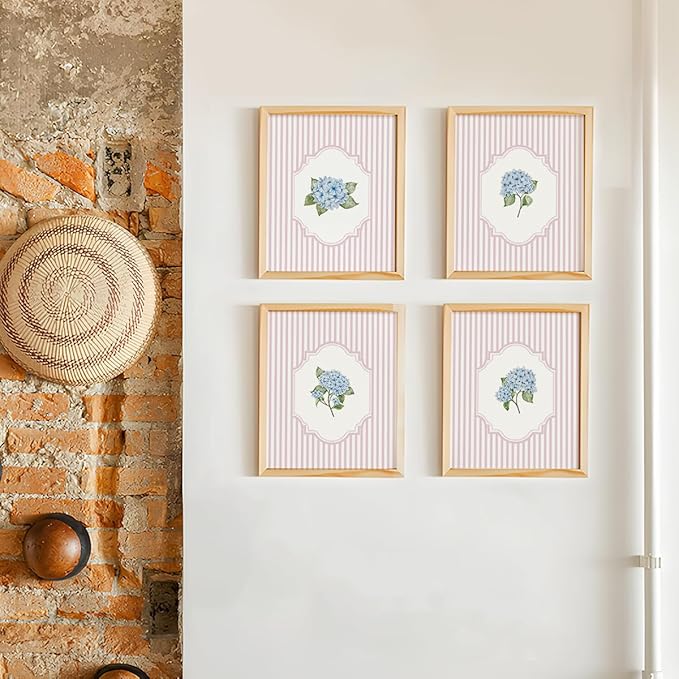 Wheatwin Hydrangea Floral Wall Art Decor, Cottagecore Hydrangea Flower Botanical Poster Prints, Pink Wall Decor for Home Bedroom Living Room 8x10 Unframed Set of 4