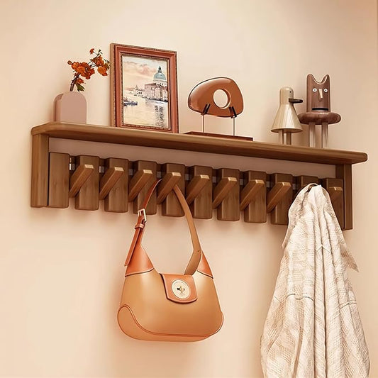 Wall Mounted Coat RackHooks Piano Key Hangers Natural Solid Wood Hanger Non-Woven Fabric Clothes Hangers for Closet, Kitchen, Bedroom, Bathroom, Entryway (Tray-Walnut, 10 Hooks)