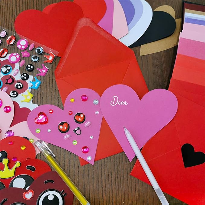 Winlyn 50 Sets DIY Paper Heart Cards and Envelopes Stickers 10 Styles of Blank Die-Cut Heart Cardstock Note Cards with Assorted Hearts Stickers for Mother's Day Valentine's Day Greeting Love Gift