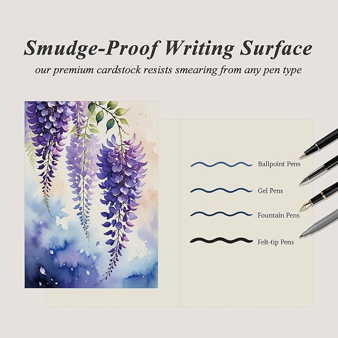 5x7 Inch Blank Inside Greeting Card with Envelope, Watercolor Wisteria Greeting Card for All Occasion – Birthday, Sympathy, Thank You - Single Card