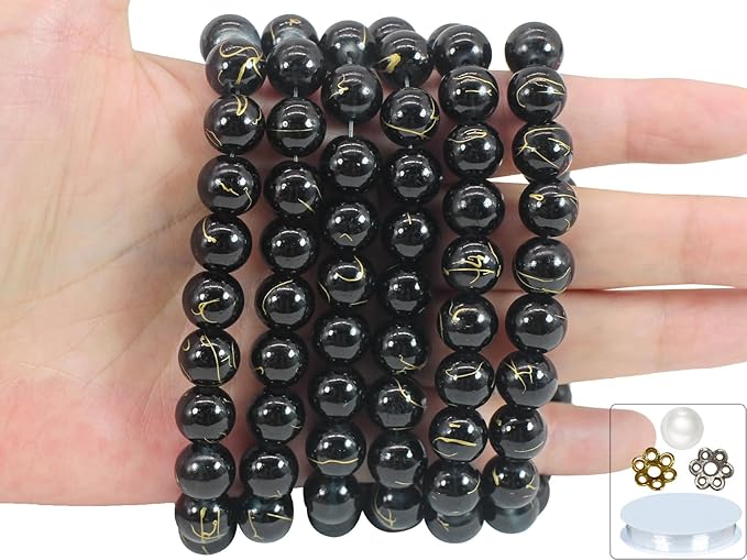 Pamir Tong 300PCS 10mm Black & Gold Round Glass Beads Bracelet Space Loose Smooth Beads for Jewelry Making, Earring, Necklaces, Keychains, Lanyards & Adult Crafting