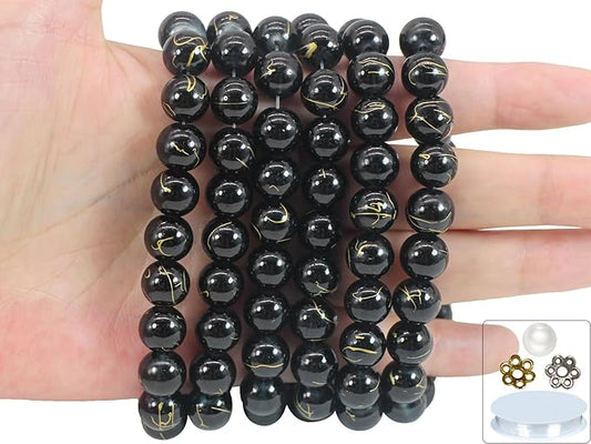 Pamir Tong 300PCS 10mm Black & Gold Round Glass Beads Bracelet Space Loose Smooth Beads for Jewelry Making, Earring, Necklaces, Keychains, Lanyards & Adult Crafting