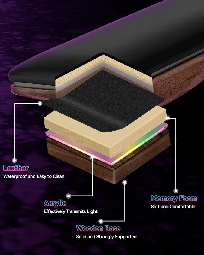 ASFSKY RGB Keyboard Wrist Rest, Ergonomic Memory Foam Wrist Pad with PU Leather & Wooden Base, Non-Slip and Easy-to-Clean Design, RGB Wrist Support for Mechanical Keyboard, Gaming & Office Use