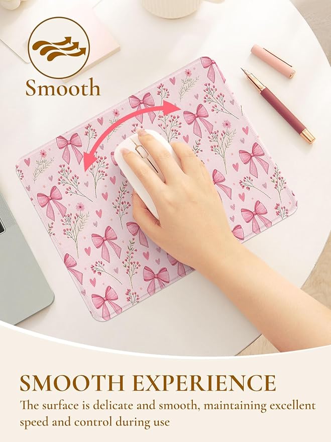 Cute Bouquet of Flowers Mouse Pad, Waterproof Aesthetics Floral Mouse Pads Design, Non-Slip Rubber Base Computer Simple Funny Mousepad,Small Mouse Mat Desk Accessories,Pink Bow